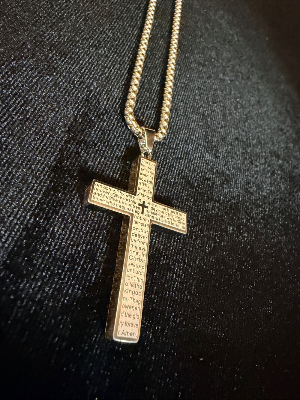 Lord’s Prayer Stainless Steel Cross Pendant w/ 24in white gold filled Cube chain